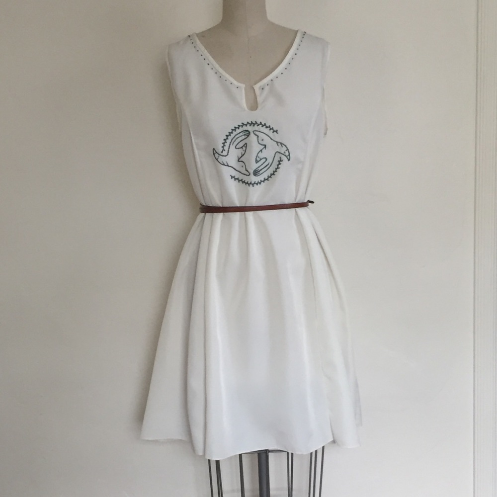Handmade ivory summer dress with bird embroidery
